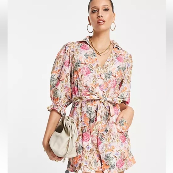 NWOT & Other Stories relaxed romper tie waist and puff sleeves in floral - Picture 1 of 9